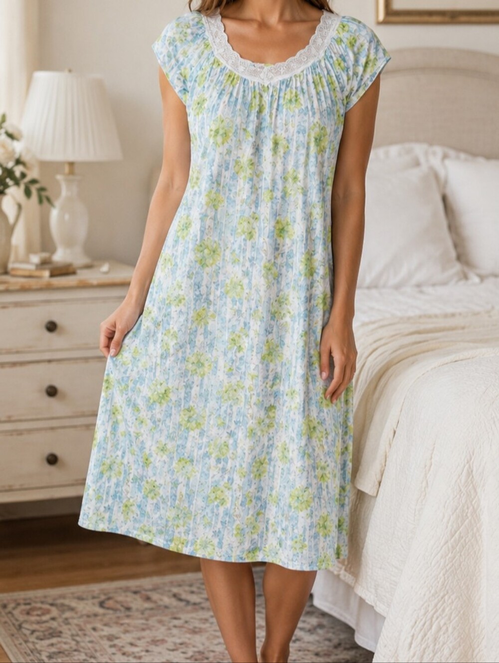 Vintage Comfort Corner Nightgown Womens Small Blue Floral Lace Trim Short Sleeve